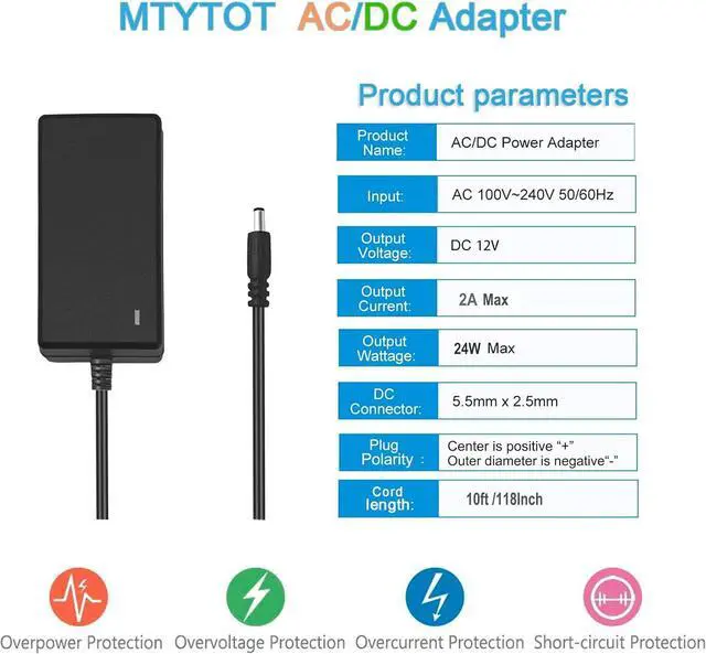 Alt view image 2 of 6 - DC 12V 2Amp 10ft Power Adapter Cord 100-240 50/60Hz to 12 Volts DC Power Supply 2A 1.5A 1A Universal AC/DC Adapter Transformer for DC12V Light Security CCTV Camera