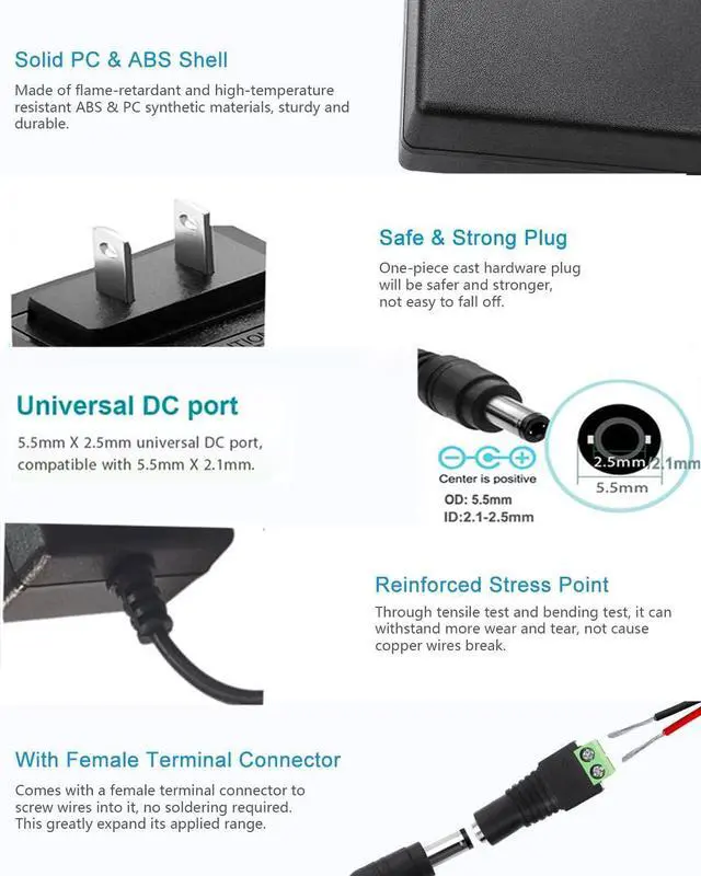 Alt view image 4 of 6 - DC 12V 2Amp 10ft Power Adapter Cord 100-240 50/60Hz to 12 Volts DC Power Supply 2A 1.5A 1A Universal AC/DC Adapter Transformer for DC12V Light Security CCTV Camera
