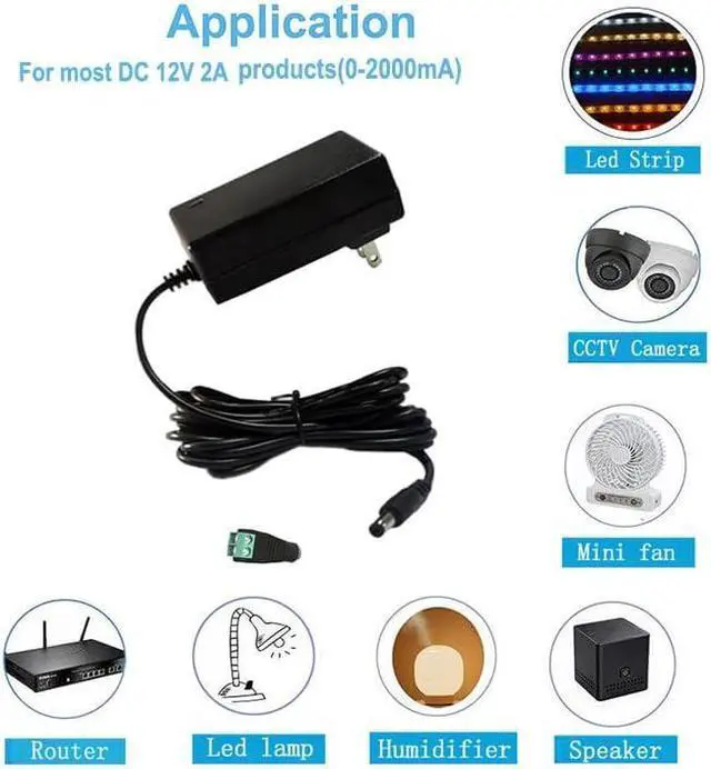Alt view image 6 of 6 - DC 12V 2Amp 10ft Power Adapter Cord 100-240 50/60Hz to 12 Volts DC Power Supply 2A 1.5A 1A Universal AC/DC Adapter Transformer for DC12V Light Security CCTV Camera