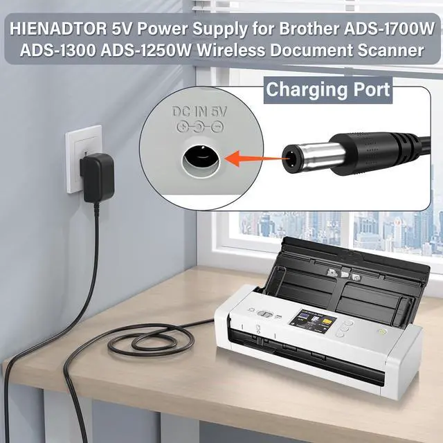 Alt view image 3 of 7 - 5V 3A Charger Power Cord for Brother ADS-1700W ADS-1300 ADS-1250W ADS-1200 ADS-1190 ADS1700W ADS1300 Compact Color Desktop Document Scanner SA-AD-001 US UU318-0530 DC5V Power Supply AC DC Ddapter Plug