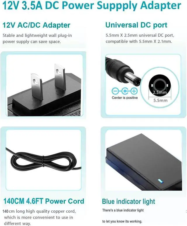 Alt view image 4 of 7 - 12V 3.5Amp DC Power Supply 12V Power Cord 100-240V AC to DC 12Volt 3500mA 3A 2.5A 2A Power Supply Adapter Converter with 5.5x2.5mm/2.1mm US Plug 12 Volt 3.5A Wall Adapter Transformer