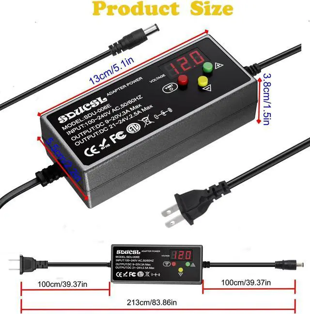 Alt view image 3 of 6 - Universal AC/DC Power Supply 5-24V 60W Universal Power Adapter with 8 Tips 100-240V AC to DC 5V 9V 12V 15V 18V 20V 21V 24V 3A Max Switching Power Supply Transformer Universal Charger for All Devices