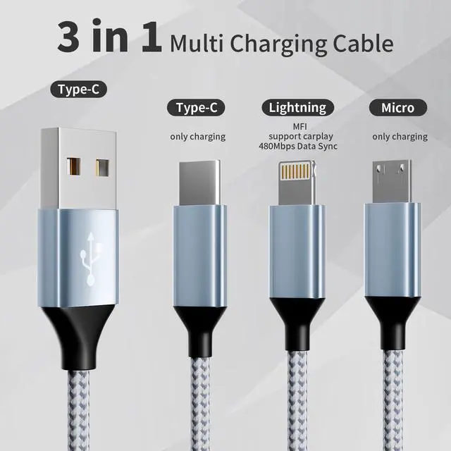 Alt view image 2 of 6 - Multi Charging Cable(3Pack 4FT) 3 in 1 Charging Cable Nylon Braided Multiple USB Cable Universal Charging Cord with Type-C Micro USB and IP Port for Cell Phones and More