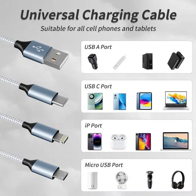 Alt view image 4 of 6 - Multi Charging Cable(3Pack 4FT) 3 in 1 Charging Cable Nylon Braided Multiple USB Cable Universal Charging Cord with Type-C Micro USB and IP Port for Cell Phones and More