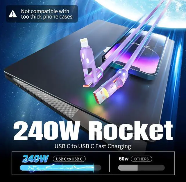 Alt view image 4 of 7 - USB C Cable 240W 4 in 1 Charging Cable 4FT Charging Cable Fast Charging & Data Sync Multi USB Cable with Breathing Light Charger Cord for iPhone 16/15 14  MacBook iPad Tablets Purple