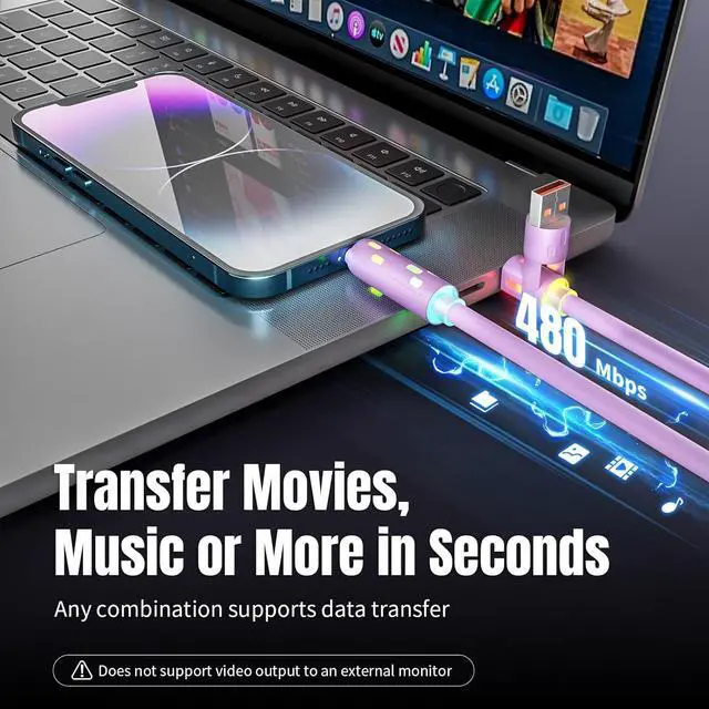 Alt view image 6 of 7 - USB C Cable 240W 4 in 1 Charging Cable 4FT Charging Cable Fast Charging & Data Sync Multi USB Cable with Breathing Light Charger Cord for iPhone 16/15 14  MacBook iPad Tablets Purple