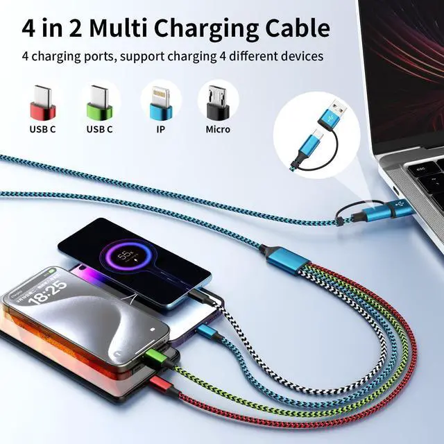 Alt view image 2 of 6 - USB A/C 4 in 2 Charging Cable Dual Type C Mulit Charging Cable Universal Charging Cables for All Devices Phone Charger Cord Adapter 2 USB-C/IP/Micro Port for Cell Phones Tablets Galaxy PS & More
