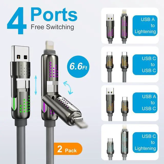 Alt view image 2 of 7 - 4 in 1 Charging Cable (6.6FT) MAX 240W Chubby Multi USB C Charging Cable with Light USB to USB C Fast Charging Cables for Multiple Devices iPhone 16 15 14 Pro Max/MacBook/iPad Pro Grey