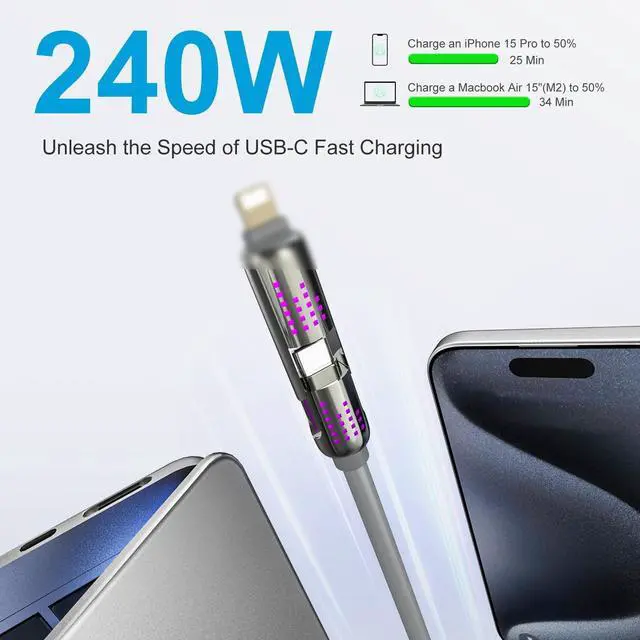 Alt view image 3 of 7 - 4 in 1 Charging Cable (6.6FT) MAX 240W Chubby Multi USB C Charging Cable with Light USB to USB C Fast Charging Cables for Multiple Devices iPhone 16 15 14 Pro Max/MacBook/iPad Pro Grey