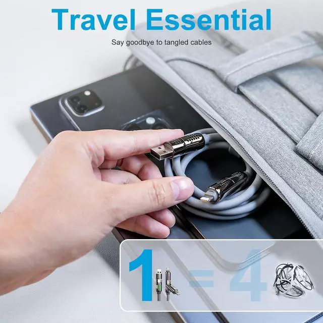 Alt view image 7 of 7 - 4 in 1 Charging Cable (6.6FT) MAX 240W Chubby Multi USB C Charging Cable with Light USB to USB C Fast Charging Cables for Multiple Devices iPhone 16 15 14 Pro Max/MacBook/iPad Pro Grey