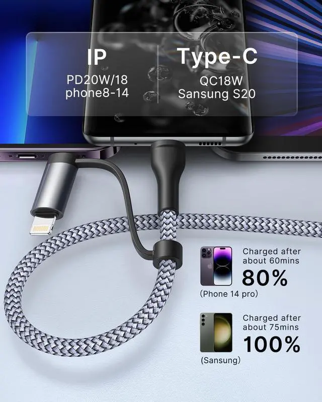 Alt view image 2 of 6 - 4 in 1 Charging Cable [2Pack 6.6FT] Fast Charging Cord  MFi Certified Lightning Cable Nylon Braided 60W Multi USB C Cable for iPhone 16/15 14 13 12 iPad  Galaxy MacBook iPad Tablets