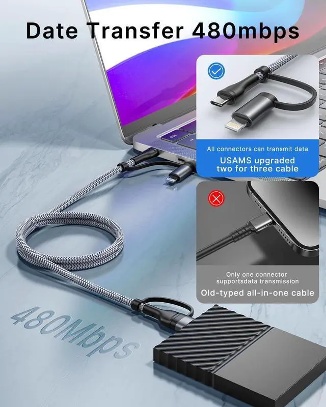 Alt view image 3 of 6 - 4 in 1 Charging Cable [2Pack 6.6FT] Fast Charging Cord  MFi Certified Lightning Cable Nylon Braided 60W Multi USB C Cable for iPhone 16/15 14 13 12 iPad  Galaxy MacBook iPad Tablets