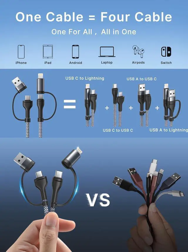 Alt view image 4 of 6 - 4 in 1 Charging Cable [2Pack 6.6FT] Fast Charging Cord  MFi Certified Lightning Cable Nylon Braided 60W Multi USB C Cable for iPhone 16/15 14 13 12 iPad  Galaxy MacBook iPad Tablets