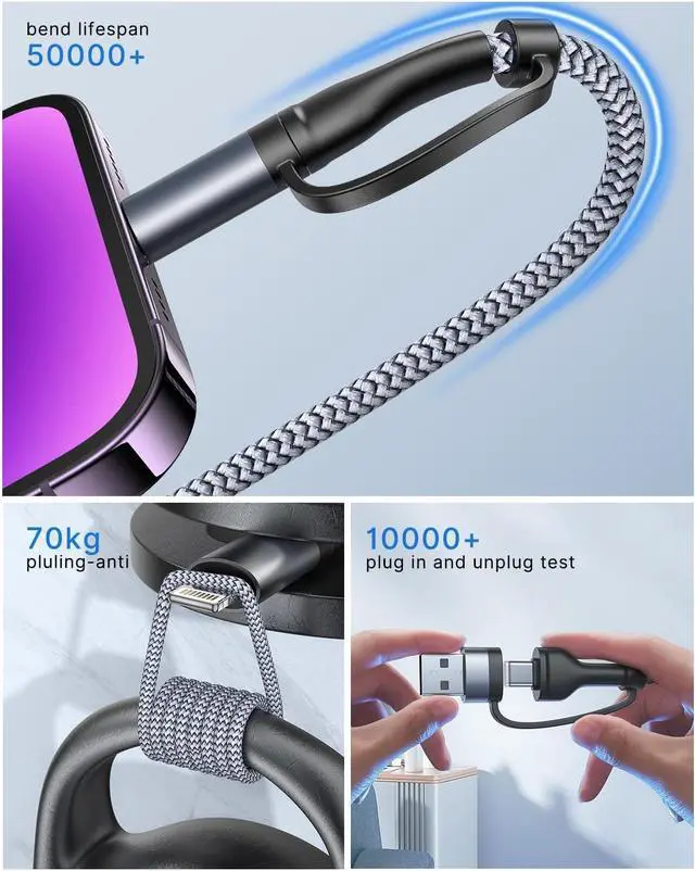 Alt view image 5 of 6 - 4 in 1 Charging Cable [2Pack 6.6FT] Fast Charging Cord  MFi Certified Lightning Cable Nylon Braided 60W Multi USB C Cable for iPhone 16/15 14 13 12 iPad  Galaxy MacBook iPad Tablets