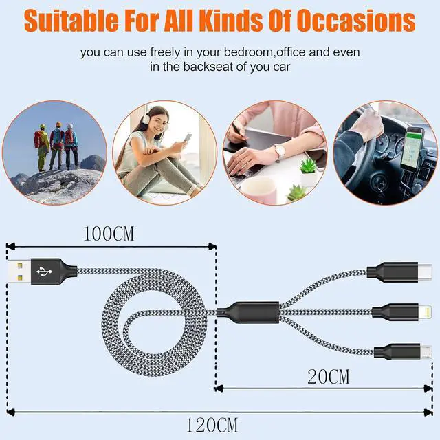 Alt view image 2 of 7 - Multi Charging Cable 4ft 2Pack 3in1 Charger Cord Multiple iPhone Charger Lightning Wire Nylon Braided MFi Certified Universal for  USB Type c Micro Phone