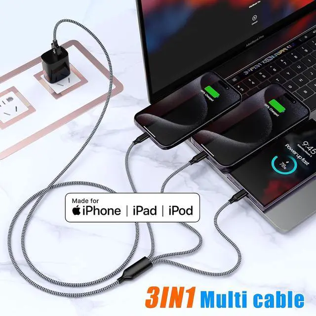 Alt view image 5 of 7 - Multi Charging Cable 4ft 2Pack 3in1 Charger Cord Multiple iPhone Charger Lightning Wire Nylon Braided MFi Certified Universal for  USB Type c Micro Phone