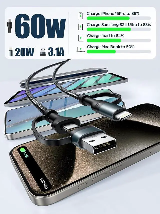 Alt view image 3 of 7 - 4 in 1 Charging Cable [2Pack 6.6FT] 60W Fast Charging Cord  MFi Certified Lightning Cable Nylon Braided Multi USB C Cable for iPhone 16/15 14 13 iPad  Galaxy MacBook iPad Tablets and More