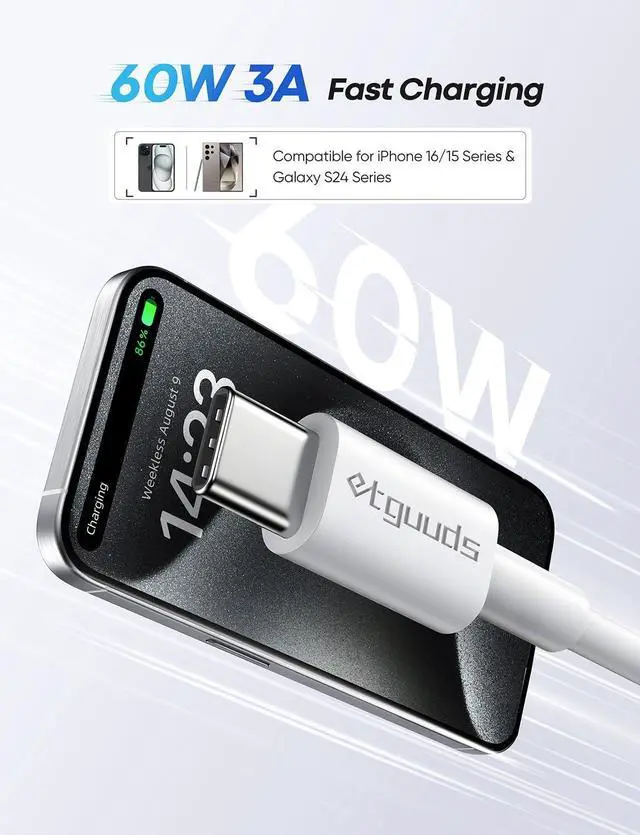 Alt view image 3 of 7 - USB C to USB C Cable (4ft 2Pack) 60W Type C to C Charger Cord Fast Charging for iPhone 16 15 Pro Max/Pro/Plus for MacBook Pro Air/iPad mini Pro Air for  Galaxy S24 S23