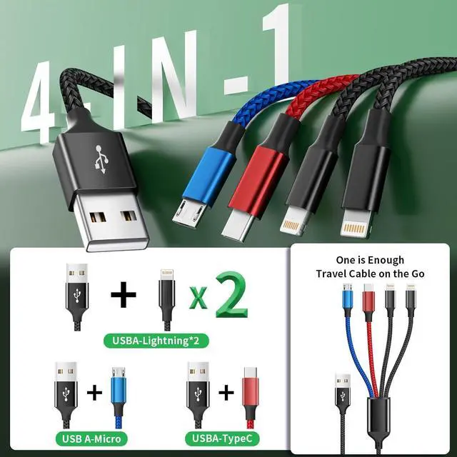 Alt view image 2 of 7 - Travel 4 in 1 Charging Cable 5FT Multi Charging Cable for Multiple Devices USB Cables Phone Charger Cords with Dual IP/Type C/Micro USB Port for iPhone 16/15/14 Series Android Tablets Pad More