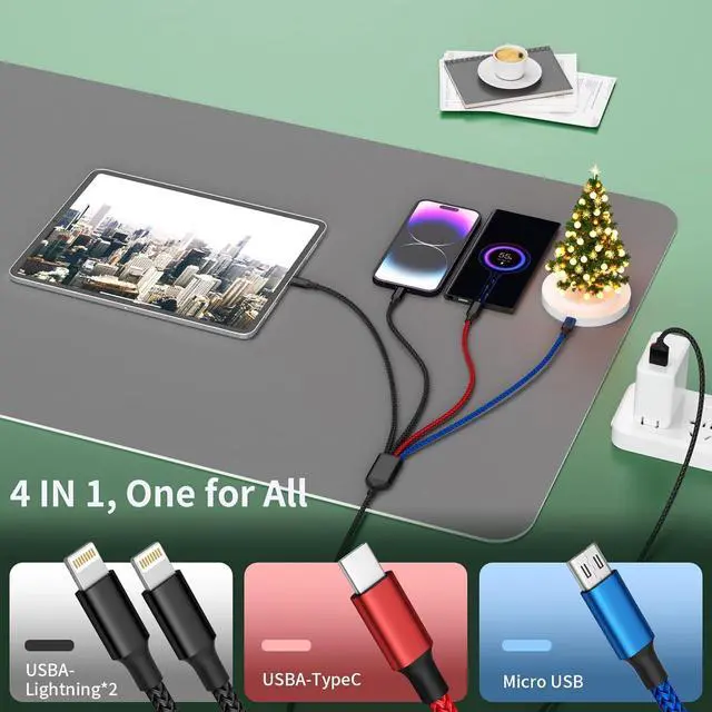 Alt view image 7 of 7 - Travel 4 in 1 Charging Cable 5FT Multi Charging Cable for Multiple Devices USB Cables Phone Charger Cords with Dual IP/Type C/Micro USB Port for iPhone 16/15/14 Series Android Tablets Pad More