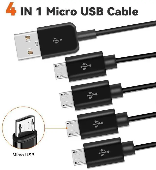 Alt view image 2 of 7 - Micro USB Splitter Cable 4-in-1 Multi Micro USB Charging Cord USBMicro Wire Lead Type A Male to 4 MicroUSB Male Adapter Cable for Data Sync/Charge (1.64ft Black)