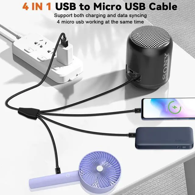 Alt view image 3 of 7 - Micro USB Splitter Cable 4-in-1 Multi Micro USB Charging Cord USBMicro Wire Lead Type A Male to 4 MicroUSB Male Adapter Cable for Data Sync/Charge (1.64ft Black)