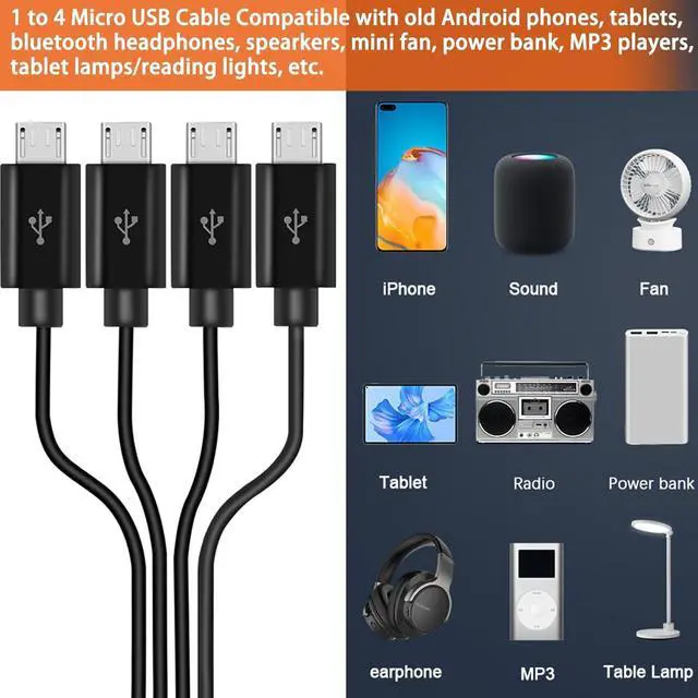 Alt view image 4 of 7 - Micro USB Splitter Cable 4-in-1 Multi Micro USB Charging Cord USBMicro Wire Lead Type A Male to 4 MicroUSB Male Adapter Cable for Data Sync/Charge (1.64ft Black)