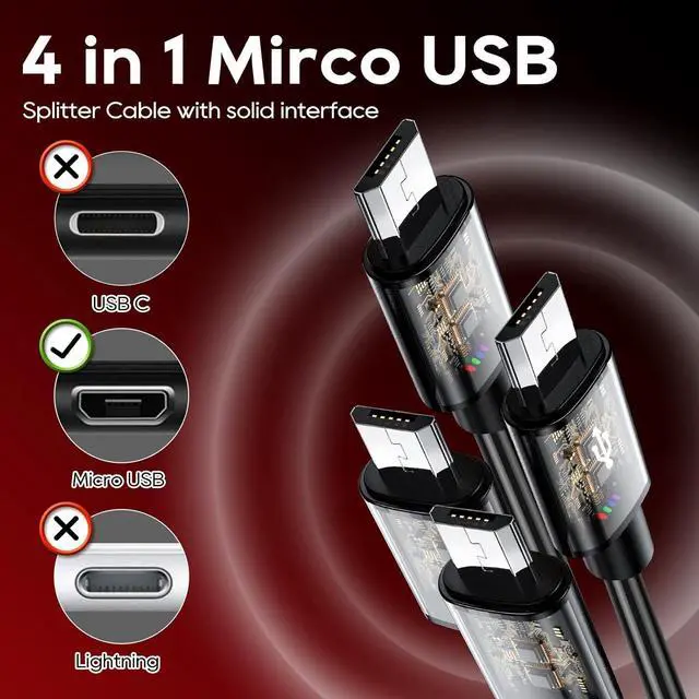 Alt view image 2 of 7 - USB to Micro USB Splitter 4 in 1 Charging Cable for Multiple Devices 2.0 Type A Male to 4 USBMicro Male Adapter Cable for Data Sync Charging 1.64ft
