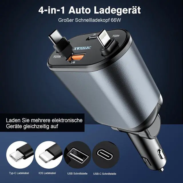 Alt view image 2 of 7 - 4 in 1 Retractable Car Charger USB C Fast Charging Adapter[Max80W] with USB-i Cable&Dual Charge Port Compatible with iPhone 16/15/14/13/12/11 Pro Max Plus/iPad/AirPods Galaxy Google GPSUSB-C/USB-i