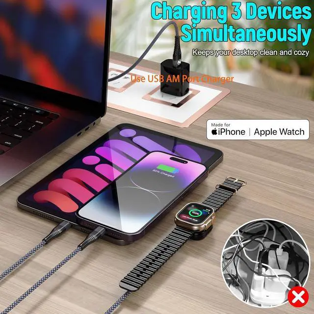 Alt view image 3 of 6 - Watch Charger Multi Charging Cable 4FT Nylon Braided USB AM Port to Lightning Type C USB C Cord iWatch Magnetic Wireless Charger 3 in 1 Charging Wire for  iPhone Android Phone and iWatch