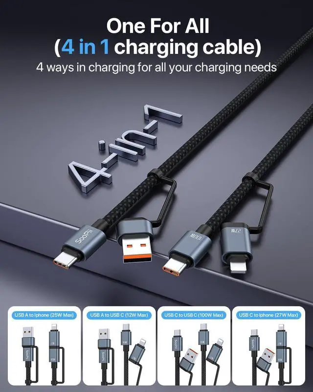 Alt view image 2 of 7 - 100W 4FT Multi USB C Charging Cable 4 in 1 C/A to C/IP Fast Charger Cable PD 5A Nylon Braided Multiple Charging Cord for Phones Tablets Laptops and More (Black)