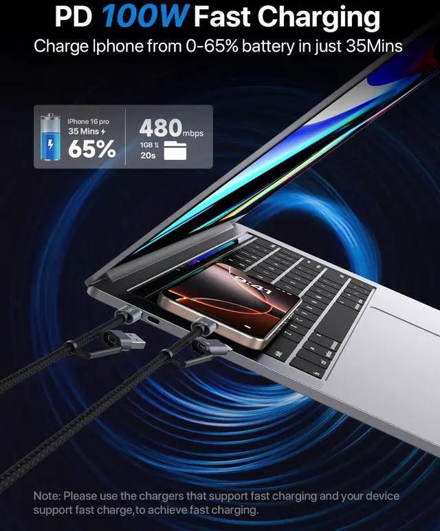 Alt view image 3 of 7 - 100W 4FT Multi USB C Charging Cable 4 in 1 C/A to C/IP Fast Charger Cable PD 5A Nylon Braided Multiple Charging Cord for Phones Tablets Laptops and More (Black)