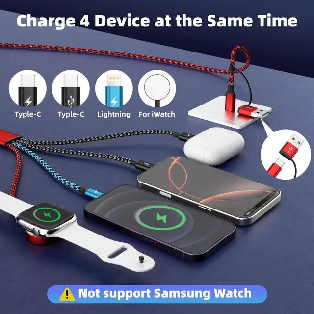 Alt view image 3 of 7 - Travel Essentials 4in2 Multi Charging Cable for  Watch Charger USB A/C to Dual Type C/IP/iWatch Charger Travel Chargers for Multiple Devices Compatible with iWatch Series&iPhone 16-12 5FT