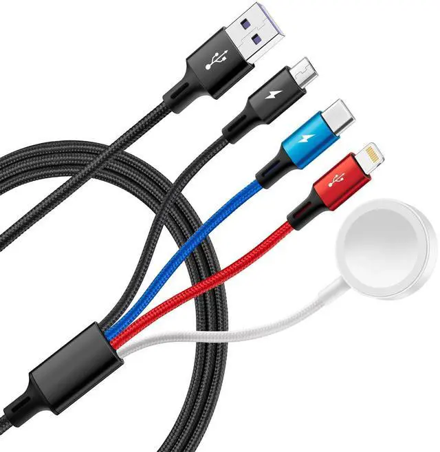 Main image of Multi Charging Cable Nylon Braided USB C/Lightning/Micro Port Compatible for  Watch Charger USB Magnetic Wireless Charger iWatch Series 9-1/iPhone 15 14/Galaxy Android (1 Black 4ft)
