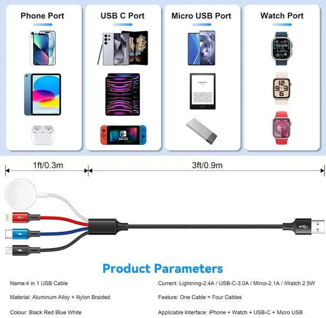 Alt view image 5 of 7 - Multi Charging Cable Nylon Braided USB C/Lightning/Micro Port Compatible for  Watch Charger USB Magnetic Wireless Charger iWatch Series 9-1/iPhone 15 14/Galaxy Android (1 Black 4ft)