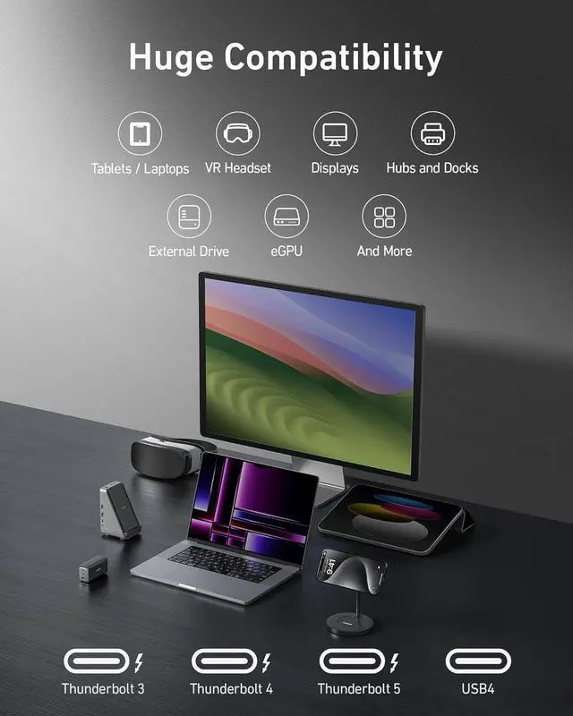 Alt view image 7 of 7 - Thunderbolt 4 Certified USB C to USB C Cable 8K/4K Display/40Gbps Compatible with USB4 Thunderbolt 4/3 for MacBook iPhone 16(100W 6.6FT)