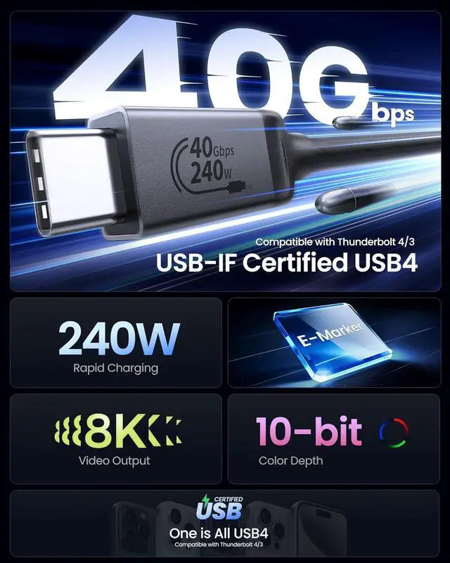 Alt view image 2 of 7 - USB 4 Cable [USB-IF Certified] for Thunderbolt 4 Cable 3.3FT 40Gbps Data Sync 8K/5K@60Hz 240W USB C Thunderbolt Cable 1M Compatible for MacBook SSD iPhone 16/15 Docking eGPU Monitor