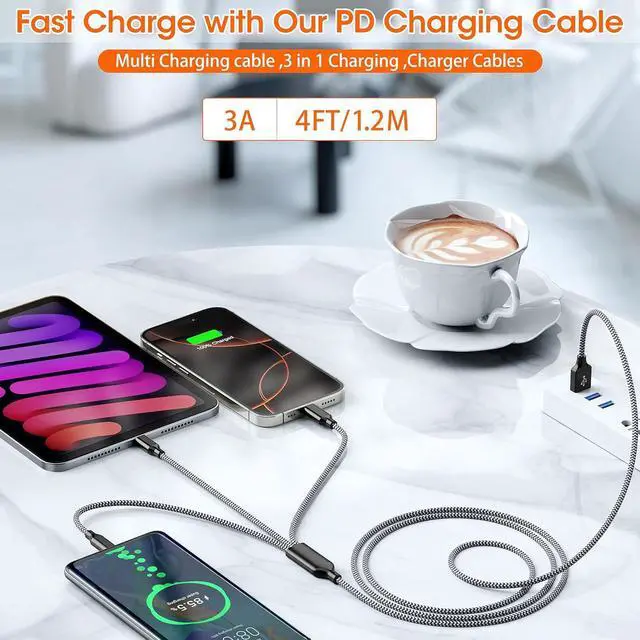 Alt view image 2 of 7 - Multi Charging Cable 4ft 2Pack USB Charger 3 in 1 Multi iPhone Charger Cable Nylon Braided  MFi Certified USB Fast Charging Cord with Type-C/USB C Micro Lightning for Phone iPad iPhone Tablet