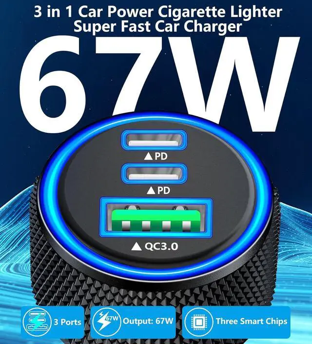 Alt view image 4 of 7 - USB C Car Charger 2Pack 3-Port 67W Dual PD USB-C&USB-A Car Power Cigarette Lighter USB Charger 3 in 1 PD/QC Type C Fast Car Charging for iPhone 16 16 Pro 15 14 13 12/Galaxy S25 S24/Pixel/iPad