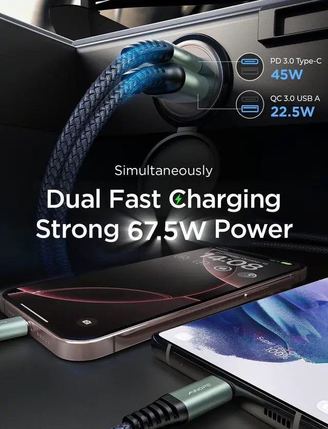 Alt view image 2 of 7 - 67.5W Car Charger USB C Fast Charging iPhone 16 15 Pro Max Air PD 45W All Metal Dual Port Cigarette Lighter Adapter for 17 Pro Max iPhone 16 15 Air Pixel 10  Galaxy S25 Android Black