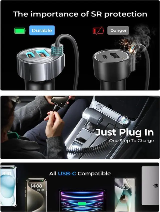 Alt view image 3 of 7 - 95W iPhone 16 15 Pro Max Car Charger USB C Fast Charging QC&PD 3.0 Super Fast Type C Car Charger Adapter Fit 17 Pro Max iPhone 16e 15 Pro Max Plus Air Pixel 10  Galaxy S25/24 Android