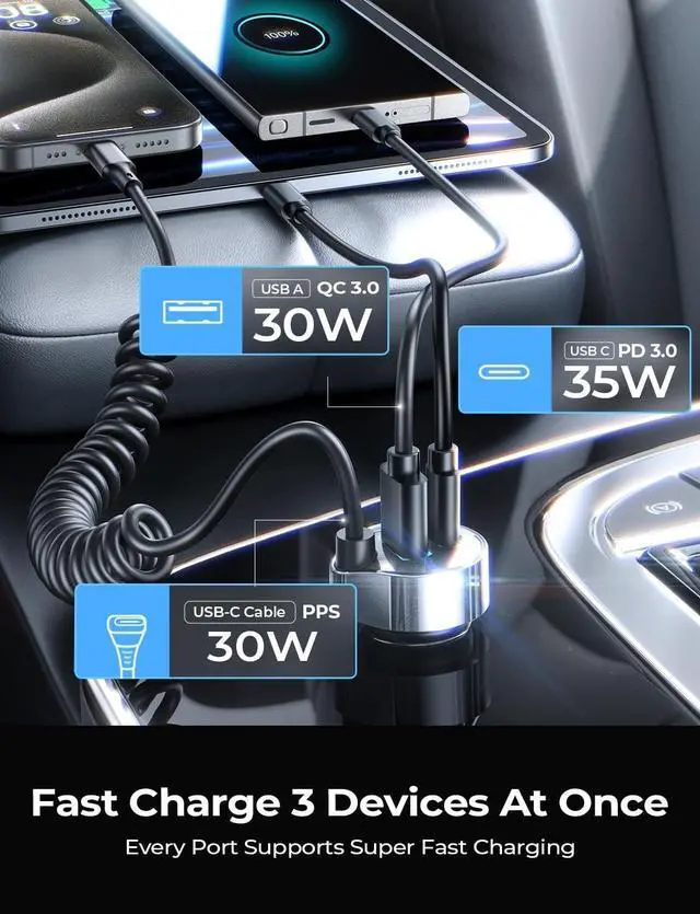 Alt view image 4 of 7 - 95W iPhone 16 15 Pro Max Car Charger USB C Fast Charging QC&PD 3.0 Super Fast Type C Car Charger Adapter Fit 17 Pro Max iPhone 16e 15 Pro Max Plus Air Pixel 10  Galaxy S25/24 Android