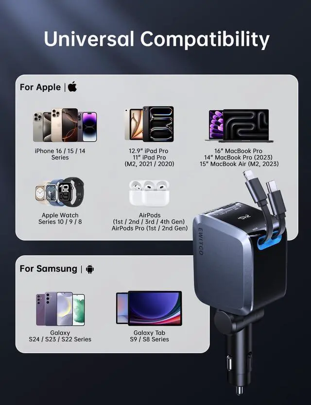 Alt view image 7 of 7 - Retractable Car Charger Car Accessories 72W Fast Charging USB C Car Charger with 4FT Retractable Cables and 2 Ports for iPhone 16 15 14 13 12  etc Warm Grey