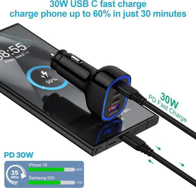 Alt view image 3 of 7 - Multi 4 Ports Fast Car Charger Adapter Auto Plug - USB C & USB A Quick Charging - Cigarette Lighter Cell Phone Automobile Charger for iPhone 16e 16 15 14 13 12 11  Galaxy S25 S24 S23 S22 S21