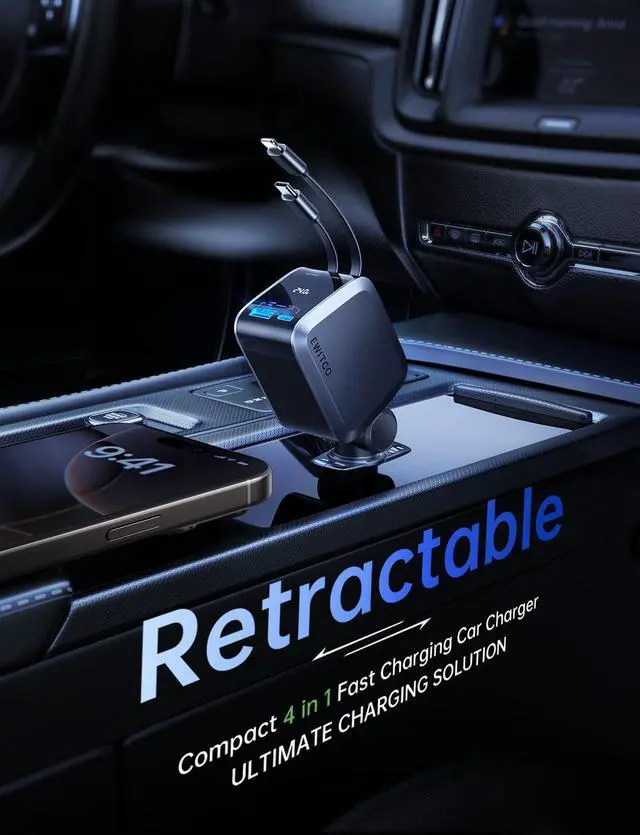 Alt view image 4 of 7 - Retractable Car Charger Car Accessories 72W Fast Charging USB C Car Charger with 4FT Retractable Cables and 2 Ports for iPhone 16 15 14 13 12  etc Warm Grey