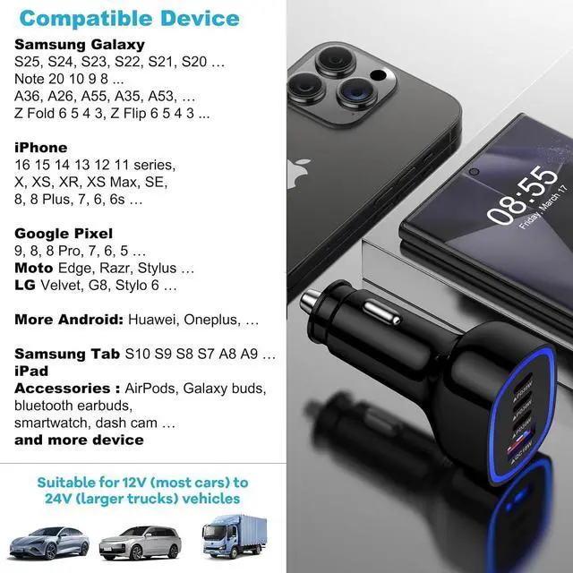 Alt view image 5 of 7 - Multi 4 Ports Fast Car Charger Adapter Auto Plug - USB C & USB A Quick Charging - Cigarette Lighter Cell Phone Automobile Charger for iPhone 16e 16 15 14 13 12 11  Galaxy S25 S24 S23 S22 S21