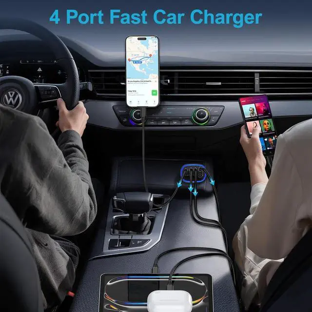 Alt view image 6 of 7 - Multi 4 Ports Fast Car Charger Adapter Auto Plug - USB C & USB A Quick Charging - Cigarette Lighter Cell Phone Automobile Charger for iPhone 16e 16 15 14 13 12 11  Galaxy S25 S24 S23 S22 S21