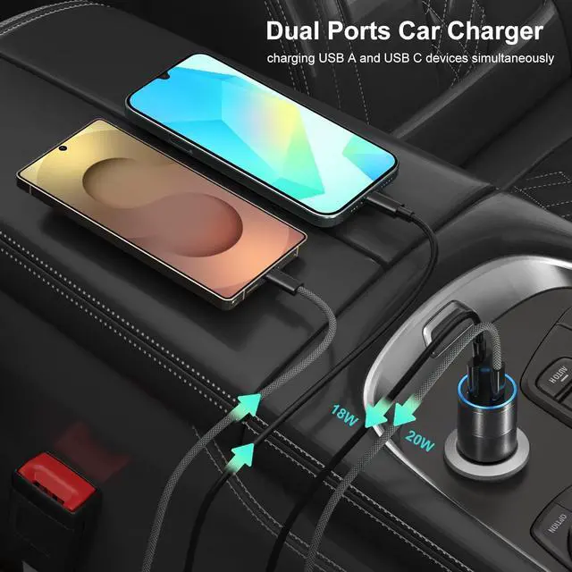 Alt view image 3 of 7 - 45W Super Fast Charger Type C for  Galaxy S25 Ultra USB and USB C Car Charger with 2X 6ft Braided Fast Charging Cord for Galaxy S25+ S24Ultra S23 S22 Tab S10 S9 - Black