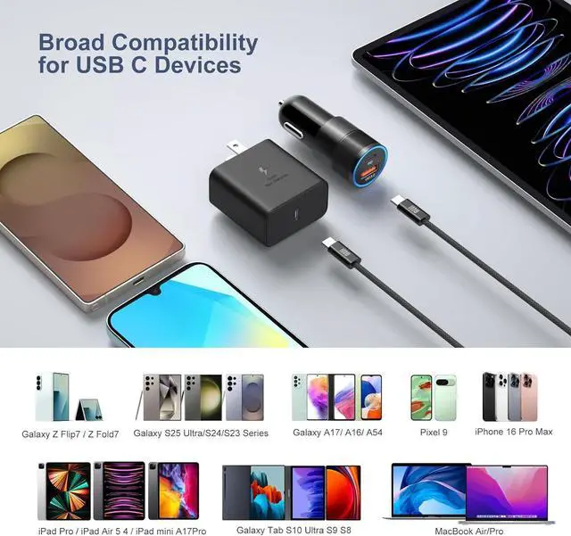 Alt view image 7 of 7 - 45W Super Fast Charger Type C for  Galaxy S25 Ultra USB and USB C Car Charger with 2X 6ft Braided Fast Charging Cord for Galaxy S25+ S24Ultra S23 S22 Tab S10 S9 - Black
