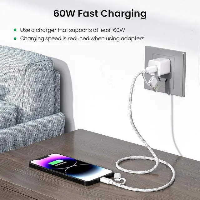 Alt view image 4 of 7 - for iPhone 16 15 Pro 4 in 1 USB C Charger Cable Universal Charging Cord 6.6FT for AirPods 4/4th Generation 60W Multi Charger Cord with USB C/Lightning Adapter for iWatch S25 S24 iPad Air